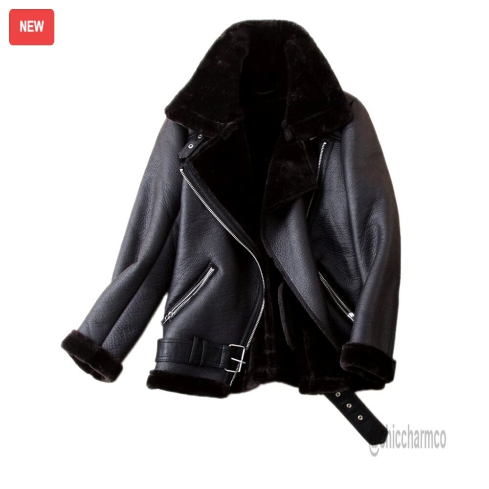 Faux Shearing Moto Jacket Thick Lined Parka Winter Shearling Coat Leather Style